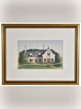 Vintage Framed Architectural Cottage Rendering  - Classic Country Home Scene